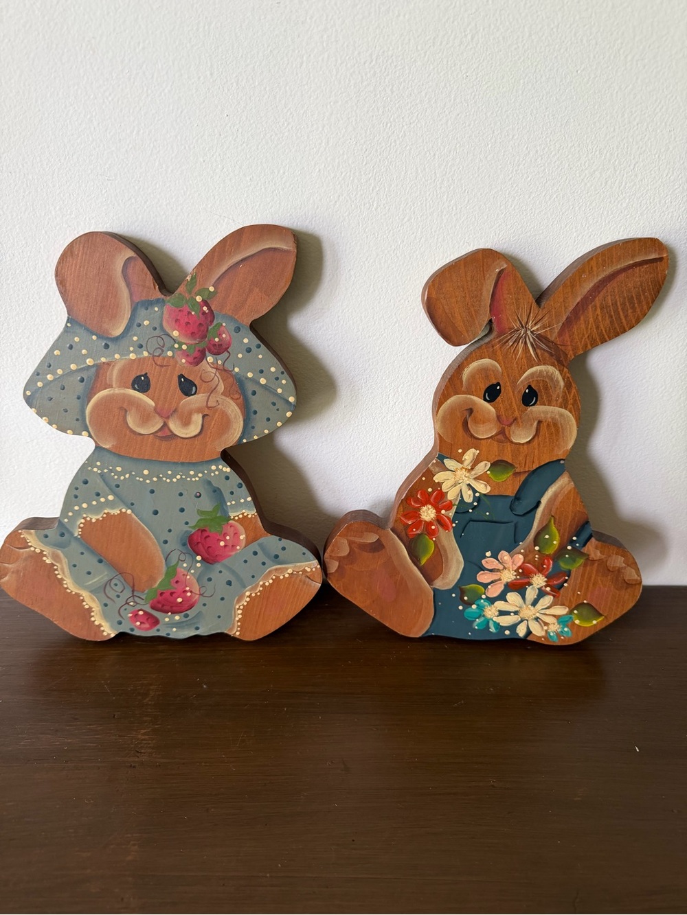 Hand-Painted Bunny Wall Decor Set in Blue and Brown